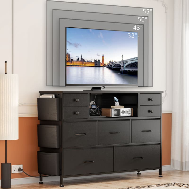 9 Drawer Dresser TV Stand with Power Outlets LED Lights Fabric Chest of Drawers