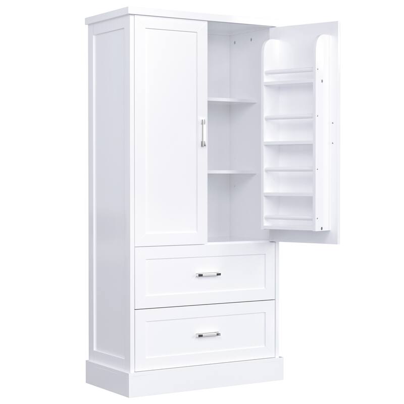 Tall Bathroom Storage Cabinet with Two Doors and Drawers, Adjustable Shelf, MDF Board