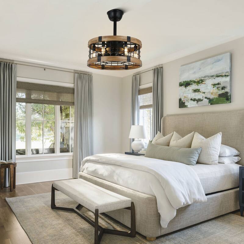 CurveCurio 20" Ceiling Fan Fanlight Soild Wood Frame w Metal Accents 6 Light 3 Fan Speed Quiet Fan w Remote - 18" *18" * 13"