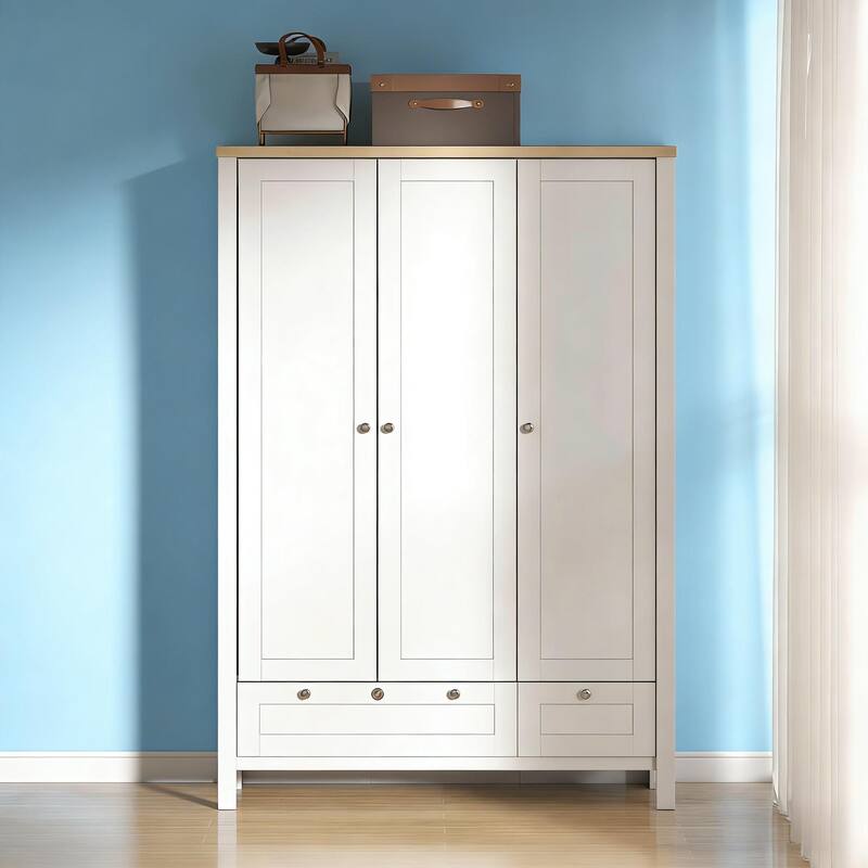 3 Doors Wardrobe Closet Folding and Hanging Areas Armoire - White