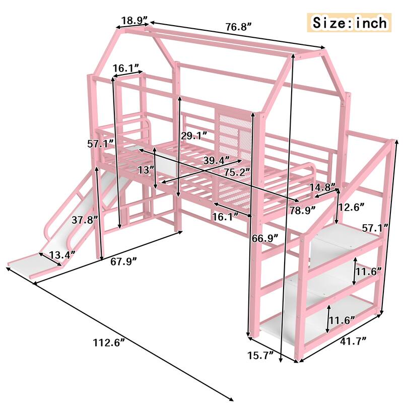 Roomfitters House Loft Bed with Slide and Stairs, Metal Playhouse Frame with Storage Shelves