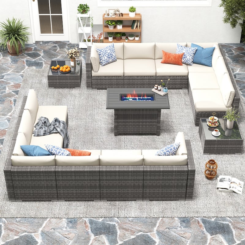 15 Piece Wicker Set Patio Sofa Furniture with Fire Pit And Table - Grey/White