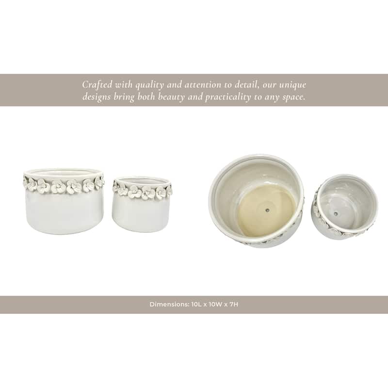 Ceramic Round Planter Sculpted Floral Rim Detail and Drainage Hole