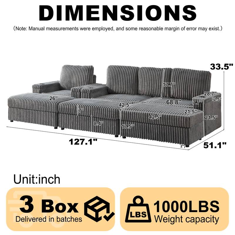 Anmytek Corduroy 3-Seater Deep Seat Sofa & Single Recliner With Cup-Holding Grooves
