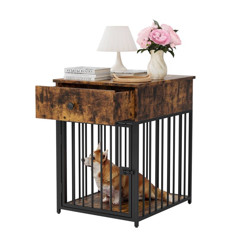 Dog Crate Furniture, Dog House, Decorative Dog Kennel with Drawer, Indoor Pet Crate End Table for Small Dog, Iron-Tube Dog Cage