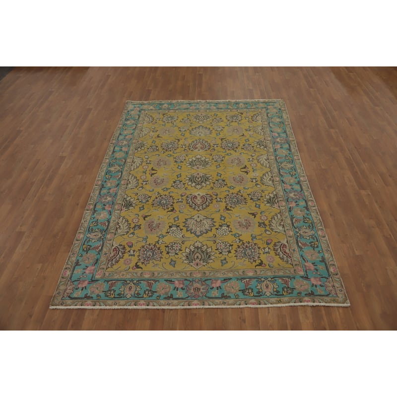 Hand Knotted Oriental 100% Wool Carpet Traditional Floral Yellow & Gold Tabriz Area Rug - 9' 0'' X 6' 4''