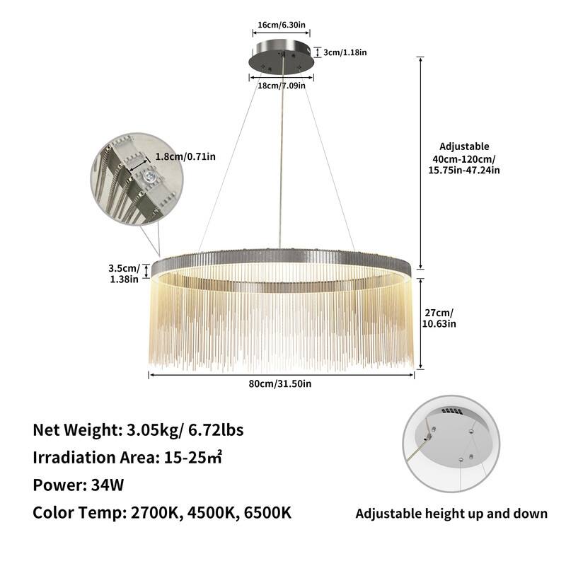 Aluminum Tassel Linear Chandelier Round Ceiling Pendant Lighting Fixture Over Dining Table, Kitchen Islands, Entryways