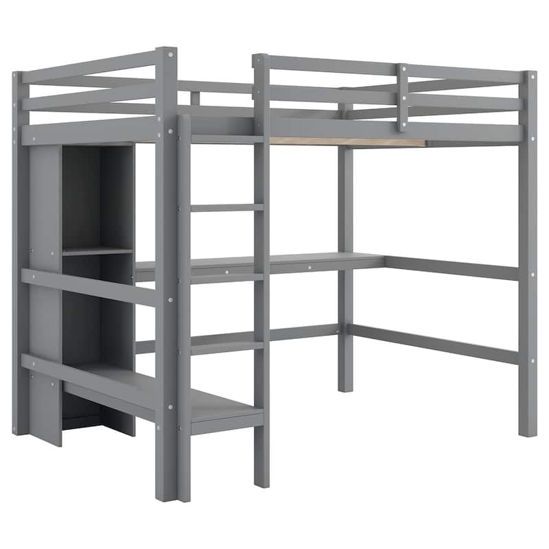 Full Size Loft Bed Wood Bed Frame Built-in Desk and Multifunctional Shelves No Box Spring Needed for Kids Teens Students