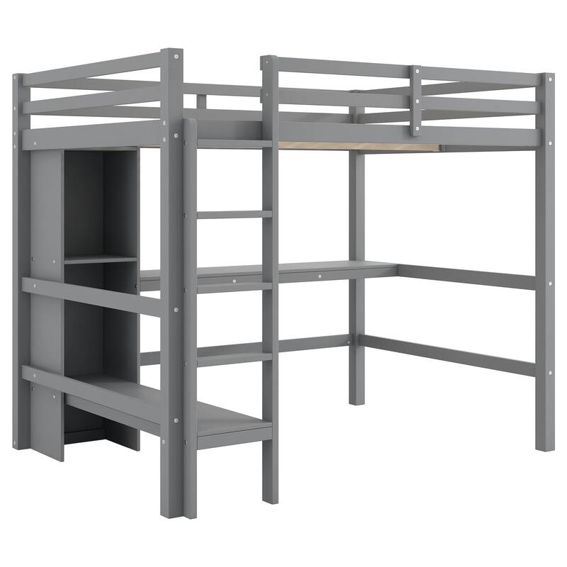 Wood Loft Bed w/Slats Support, Full Size Bed Frame with Multifunction Shelves, Full-length Guardrail and Under-bed Desk