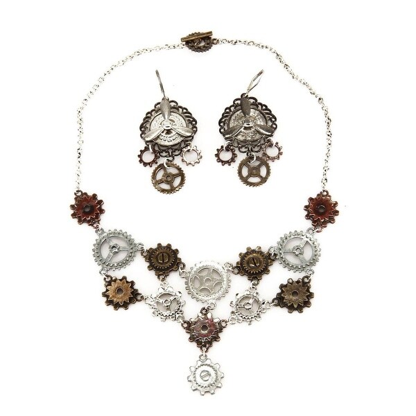 Steampunk Multi Gear Costume Necklace & Earrings Set Adult - Silver