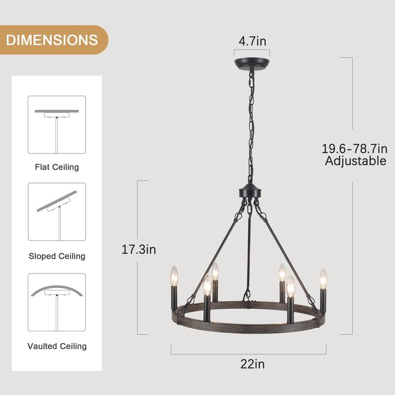 6-Light Farmhouse Candlestick Circle Iron Wagon Wheel Chandelier for Dining Room with No Bulbs Included