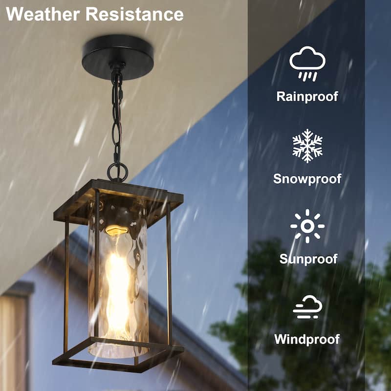 Modern 1-Light Black Outdoor Pendant Water Ripple Glass Porch Lantern - L 6.7" x W 6.7" x H 14.2"