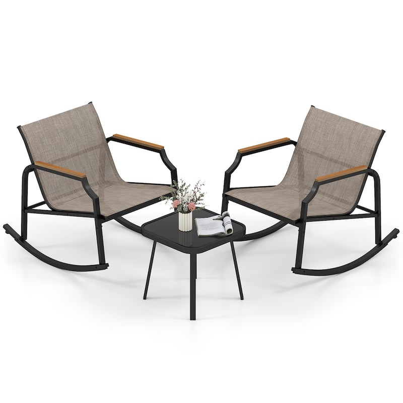 3 Piece Black-Brown Outdoor Rocking Chair Set with Coffee Table and Ergonomic Metal Frame Chairs - 35" x 27" x 29"