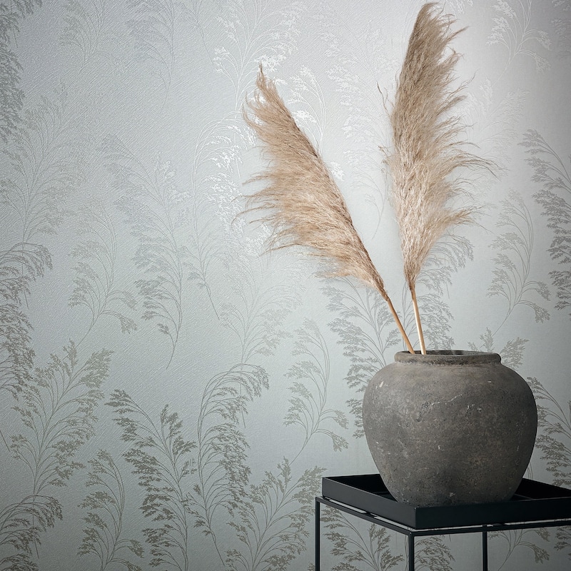 Galerie Wallcoverings Shrub Leaf On Plain Linen Texture Vinyl on Non-woven Soft Metallic Wallpaper Roll