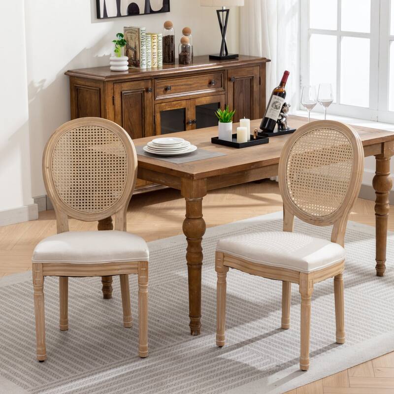 GDF Studio - French Wooden Frame Linen Fabric Rattan Back Dining Chair Set (Set of 2)