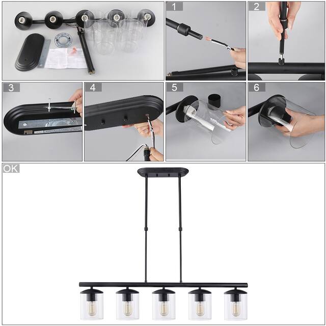 Modern Farmhouse 5-Light 36.8" Linear Clear Glass Island Black Chandelier for Dining Room