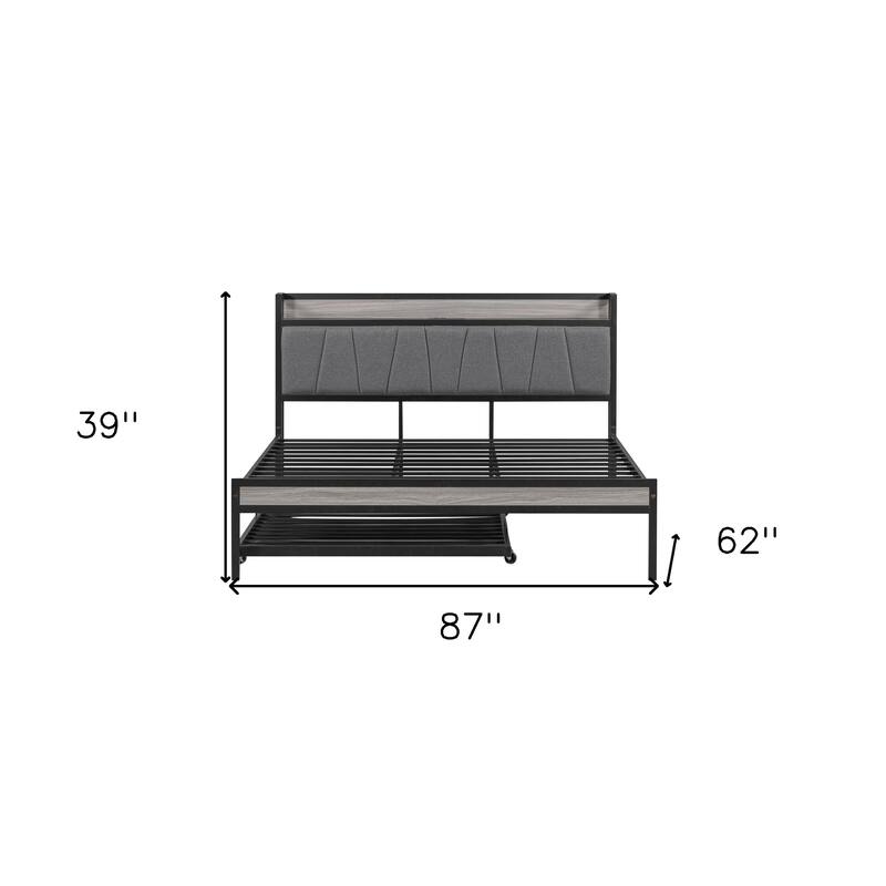 HomeRoots Black and Gray Metal And Upholstery Queen Bed Frame With Trundle