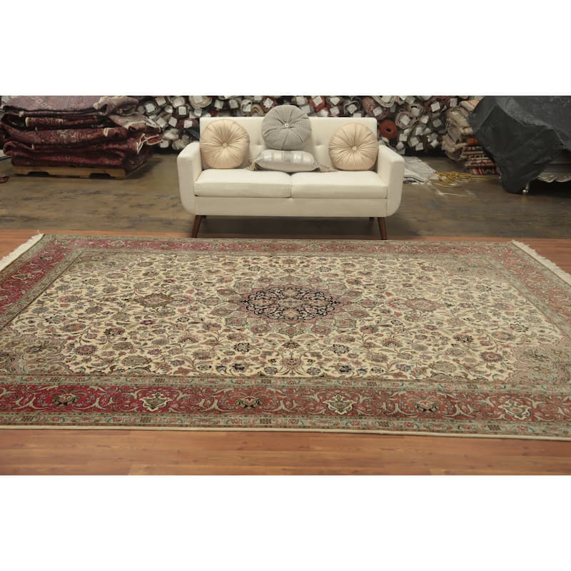 Hand Knotted Oriental 100% Wool Carpet Traditional Floral Beige & Ivories Tabriz Area Rug - 11' 9'' X 8' 2''