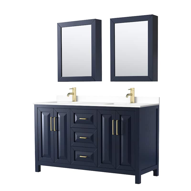 Daria 60 Inch Double Vanity, Cultured Marble Top, Medicine Cabinets - Dark Blue, Gold Trim, White Cultured Marble Top