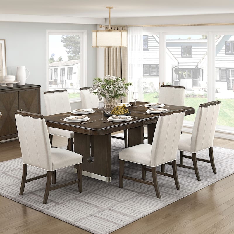Contemporary Aesthetic Dining Set Extendable Table with Chairs Upholstered Beige Brown Furniture