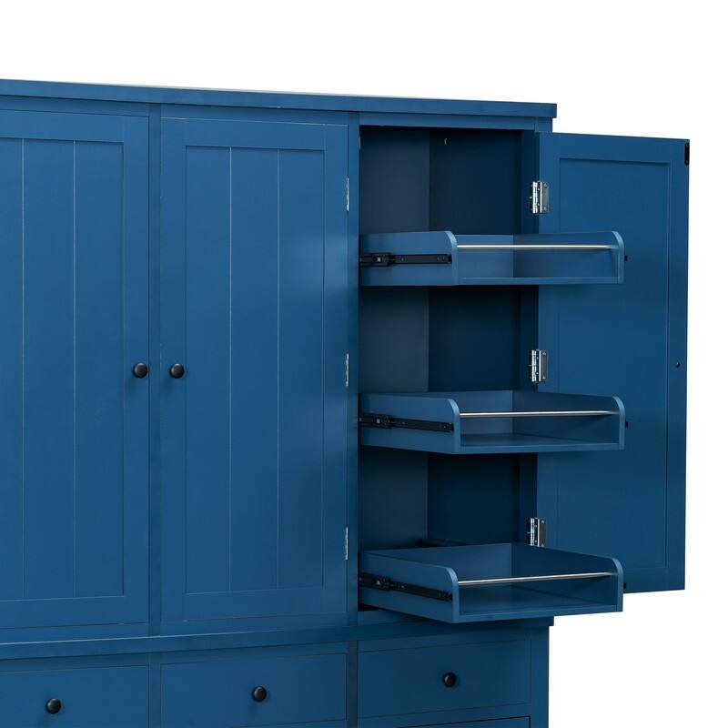 Farmhouse 74.8"Tall Freestanding Kitchen Pantry with Door Shelves,Adjustable Shelves, Pull-out Trays and Drawers