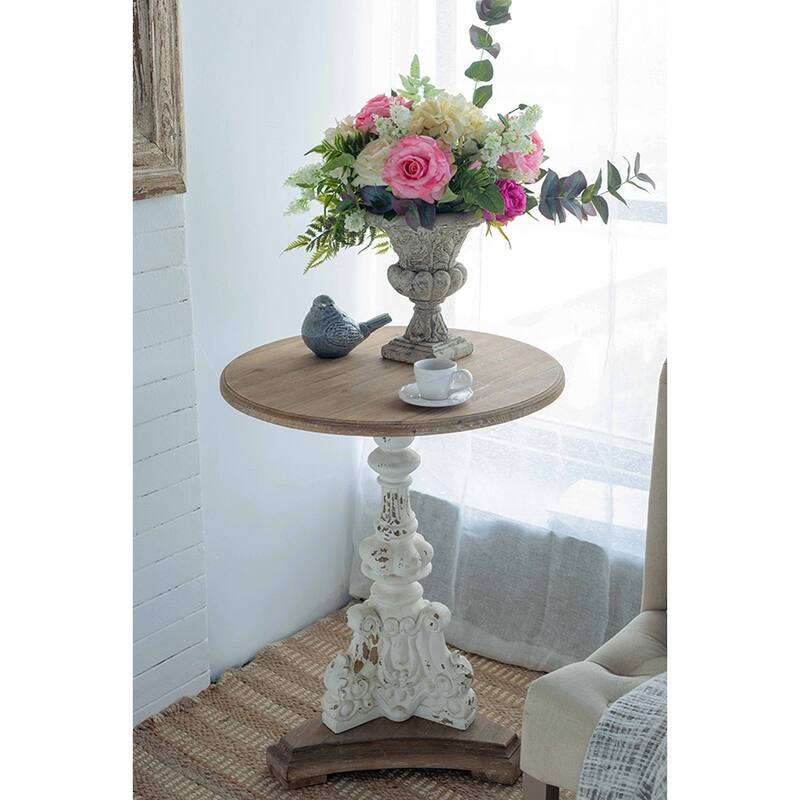 22.5" Round Wood Side Table with Carved Pedestal