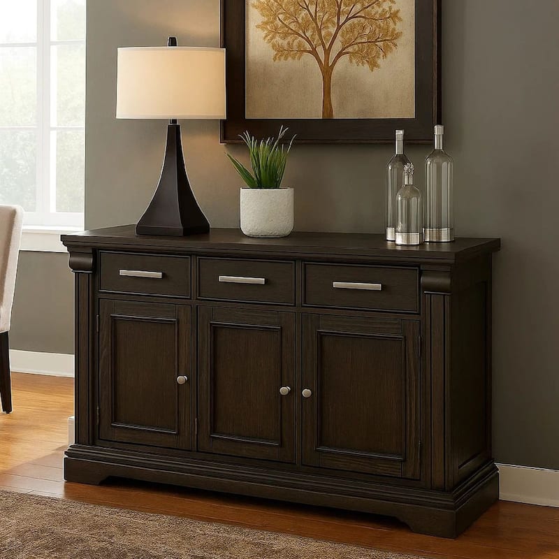 Bora 60 Inch Wood Server, 2 Glass Door Cabinets, Distressed White, Gray