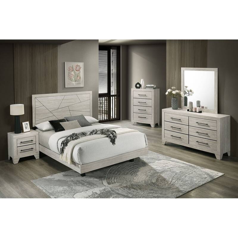 Bedroom Set Light Grey Finish Contemporary Bed Nightstand Dresser Mirror Chest