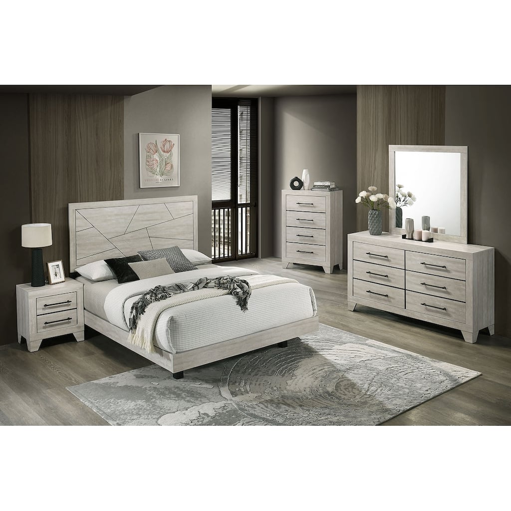 Bedroom Set Light Grey Finish Contemporary Bed Nightstand Dresser Mirror Chest