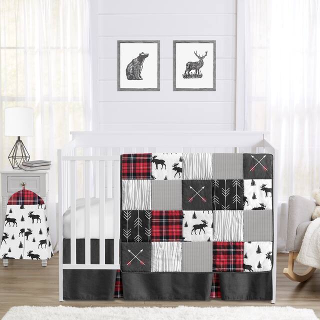 Sweet Jojo Designs Grey, Black and Red Woodland Plaid and Arrow Rustic Patch Collection Boy 4-piece Crib Bedding Set