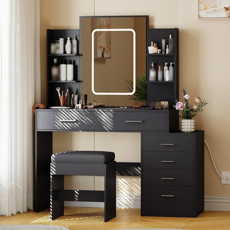Vanity Desk with Mirror, LED Lights & Power Outlet, Makeup Table with 6 Drawers, 6 Shelves & Stool for Bedroom - Black