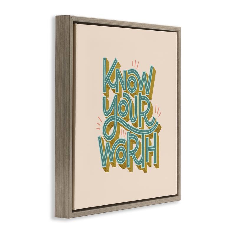 Stupell Know Your Worth Green on Beige Framed Floater Canvas Wall Art Design By Sarah Hickman