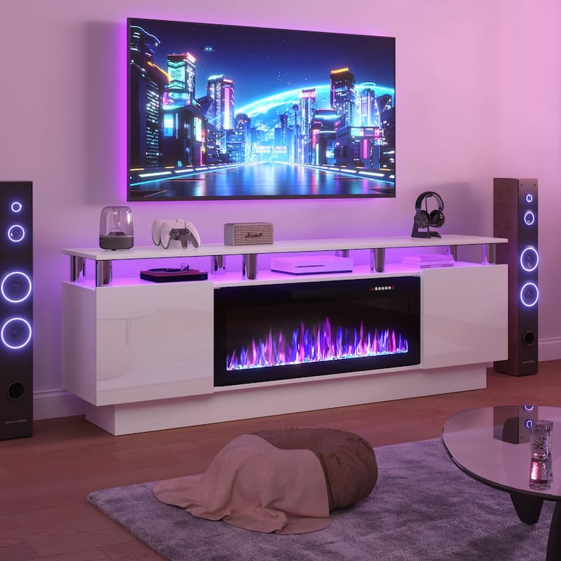BOSSIN 70" Modern Electric Fireplace TV Stand, with Electronic Flame and LED Lights, High Gloss Finish Entertainment Center - White