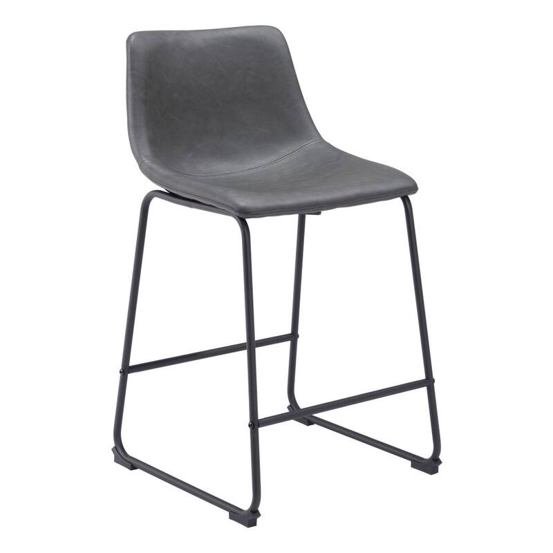 HomeRoots Set of Two 24" Charcoal and Black Faux Leather and Steel Counter Height Bar Chairs