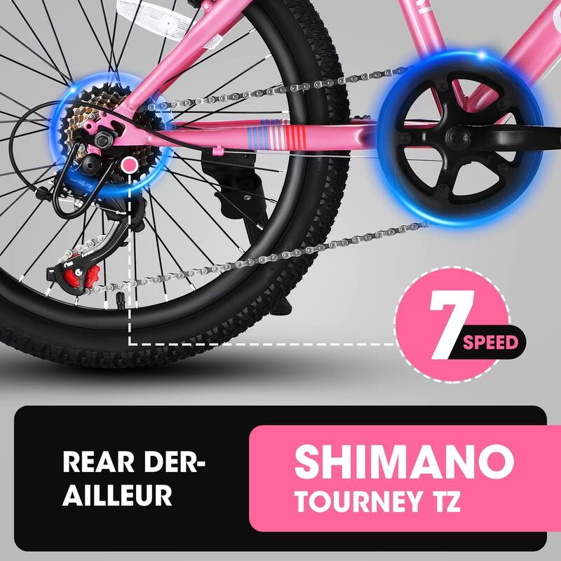 20-Inch Kids Mountain Bike with 7-Speed, Front Suspension, Disc & V-Brakes, for Ages 8-12, Ergonomic Steel Frame - Pink