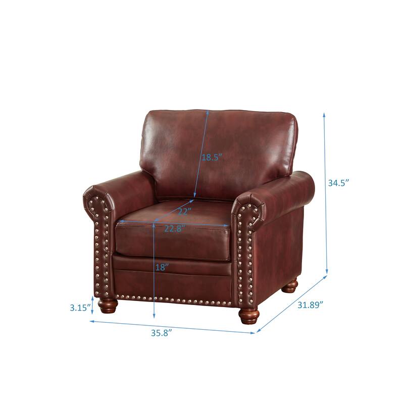 Faux Leather Single Sofa Chair, Upholstered Sofa with Nailhead Trim, Lounge Reading Chair with Solid Wood Legs