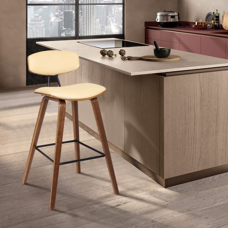 Iron Low Back Fabric Counter Bar Stool with Footrest and Wood Finish - 19” x 16” x 36” (D x W x H)