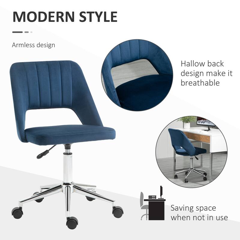 Modern Velvet Swivel Armless Desk Chair with Hollow Back Design