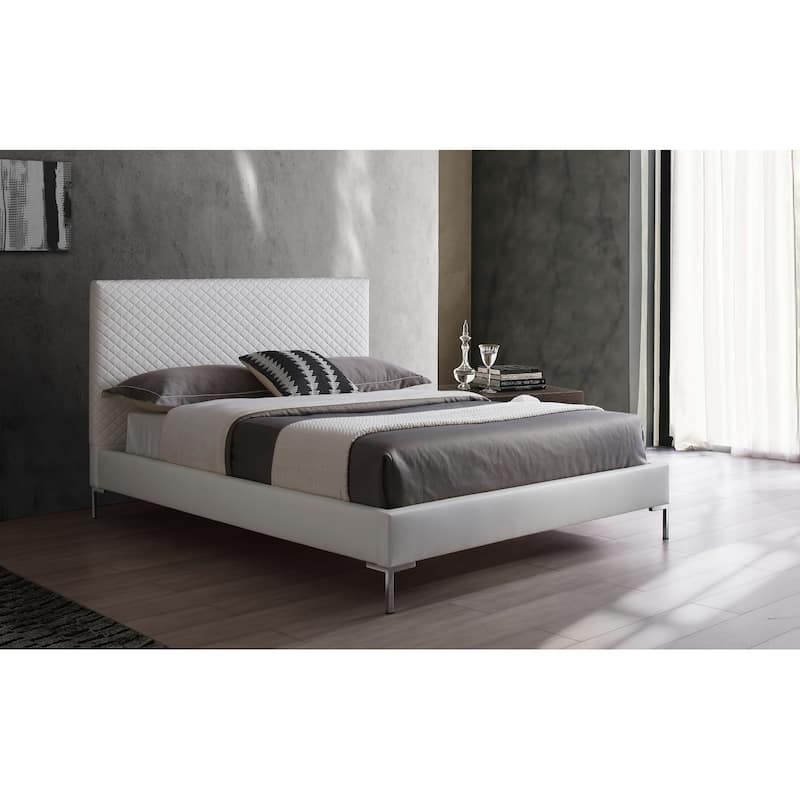 Full Size Bed Frame - Rustic Refinement Upholstered White Faux Leather with Chrome Legs