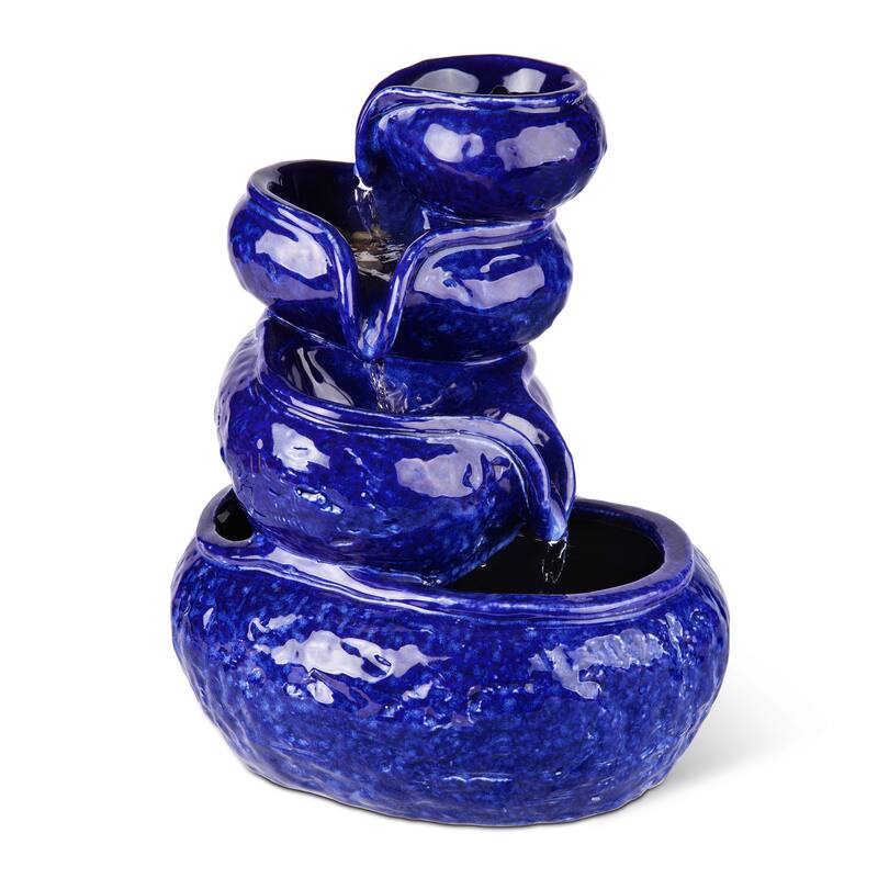 Glitzhome 11.75"H 4-Tiered Ceramic Cobalt Blue Table Fountain with Pump