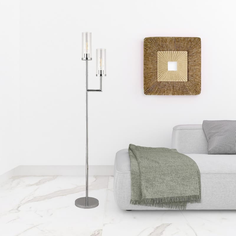 69" Tall Torchiere Floor Lamp with Clear Glass Drum Shades and 2-Light Metal Stand 8 Feet Cord - 69"H x 11"W x 11"D