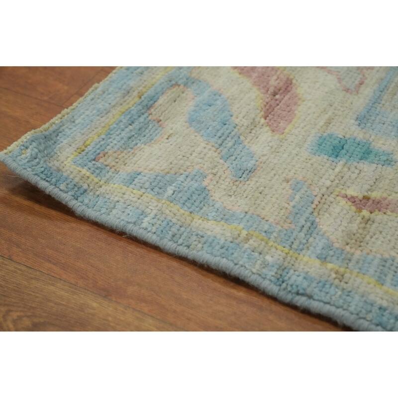 Handmade Blue Oushak Vegetable Dye Large Rug, Floral Medallion Carpet - 14' 6'' X 12' 2''