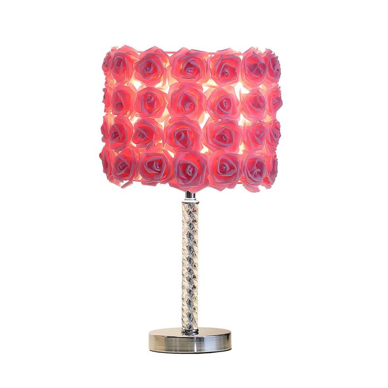 Bloom Roses Drum Shade Table Lamp with Twisted Acrylic Base, Pink