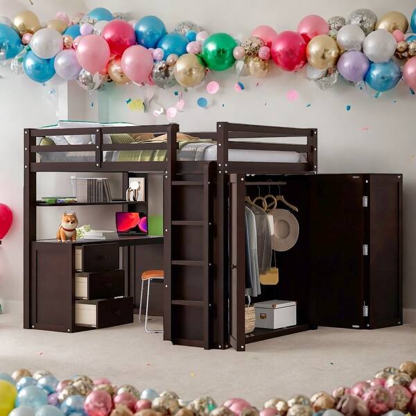 slide 2 of 9, Full Size Loft Bed With Drawers,Desk and Wardrobe for Home Espresso