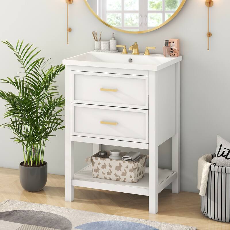 Blue and Gold Bathroom Vanity with Resin Basin Sink, U-Shaped Drawer, Textured Hardware, Storage Cabinet - 24in L MDF - White