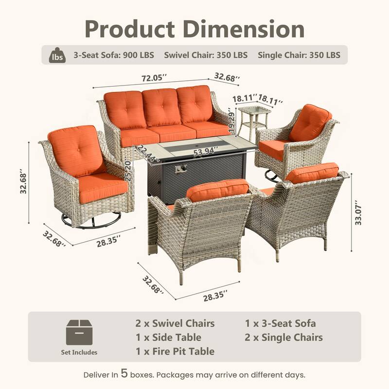 HOOOWOOO 7-piece Wicker Rattan Outdoor High Back Conversation Set with 54" Fire Pit