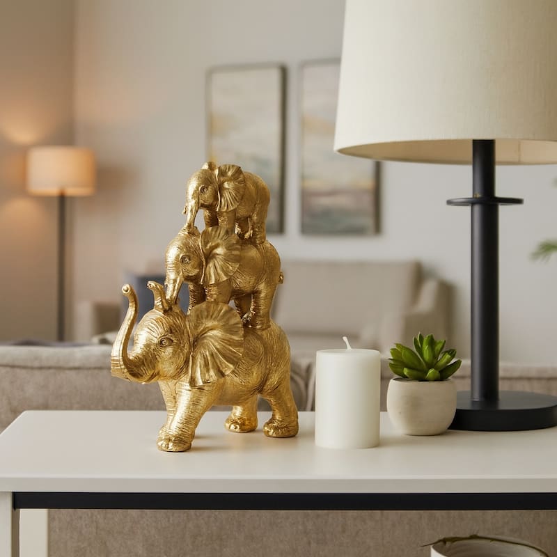 Resin Stacked Raised Trunk Elephants Figurine - Gold, 10"