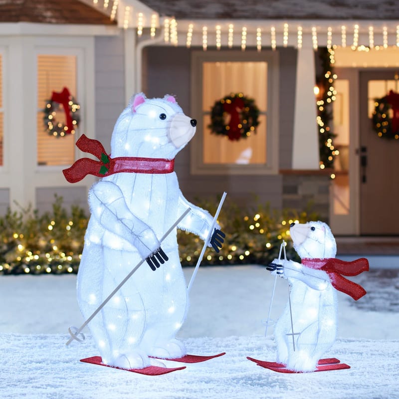 White-Red Metal Fabric Animated Skiing Polar Bears Christmas Decoration Set with 160 LEDs - 23" x 16.5" x 37"