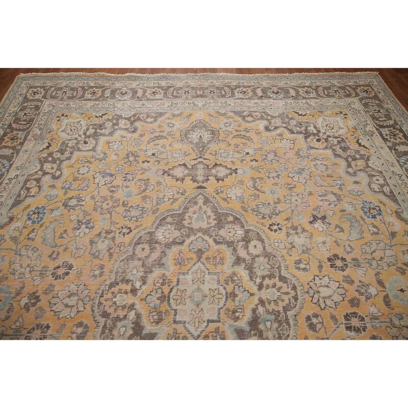 Hand Knotted Oriental 100% Wool Carpet Traditional Floral Yellow & Gold Mashad Area Rug - 12' 5'' X 9' 4''