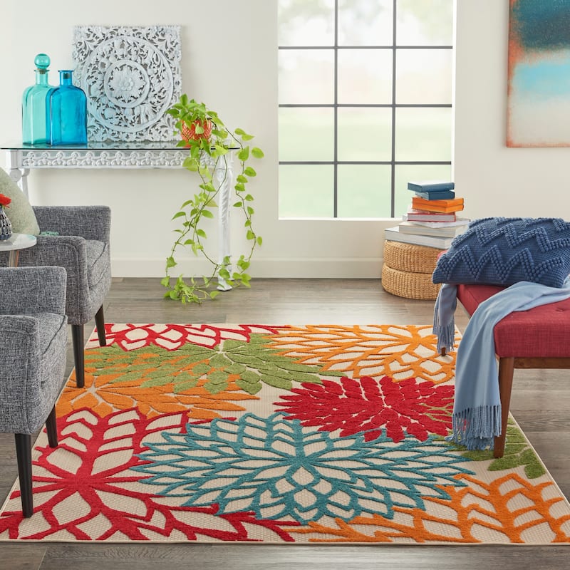 Nourison Aloha Floral Modern Indoor/Outdoor Area Rug - 3'6" x 5'6" - Red/Orange